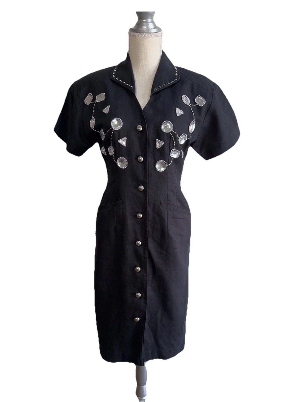 Vintage Adam Douglass Adrianna Papell Black Embellished Button-Front Midi Dress